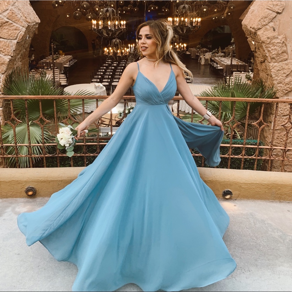 Light blue formal flows bridesmaid dress